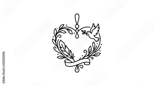 Sleek Black and White Line Art of a Heart Shaped Wreath with Doves and Ribbon for Elegant Designs Logos or Branding