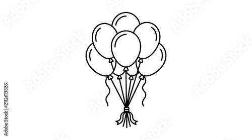 Sleek Black and White Line Drawing of a Cluster of Five Balloons with a Bundled String Base with high quality professional line art symbols for modern creative design and digital branding projects