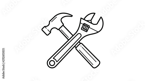 Sleek Black and White Line Drawing of a Hammer and Adjustable Wrench Crossing in an X Shape with high quality professional line art symbols for modern creative design and digital branding projects