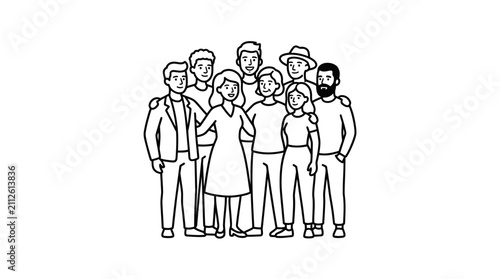 Sleek Black and White Line Drawing of a Diverse Group of Nine People Standing Together in Unity