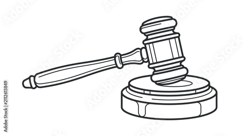 Sleek Black and White Line Drawing of a Judicial Gavel on a Round Base for Legal and Courtroom Designs