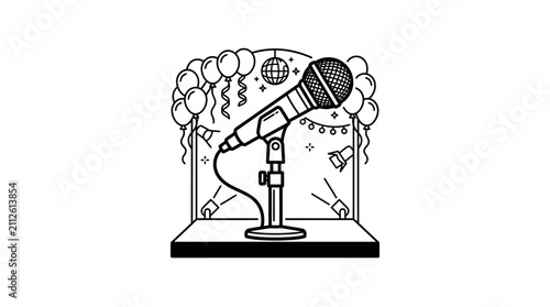 Sleek Black and White Line Drawing of a Stage Microphone with Balloons Confetti and Global Elements for Celebration