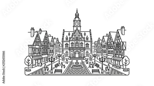 Sleek Black and White Line Drawing of Charming Town Square with Clock Tower Shops and Pedestrians