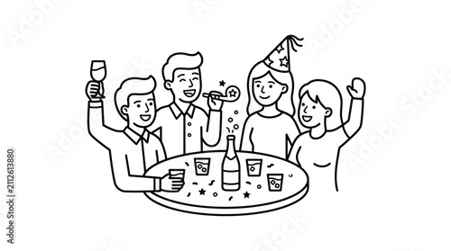 Sleek Black and White Line Drawing of Celebratory Group Cheers with Party Drinks and Confetti with high quality professional line art symbols for modern creative design and digital branding projects