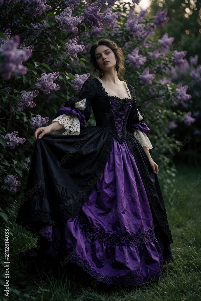 Fototapeta premium Young woman in historical black, purple baroque dress stands in spring garden near blooming lilac bushes. Lady with elegant outfit poses outdoors among flowers. Royalty style gown fashion aesthetic