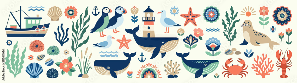 Obraz premium Nautical folk art pattern with whales, puffins, seals, crabs, lobsters, fishing boat, lighthouse, shells, and seaweed.