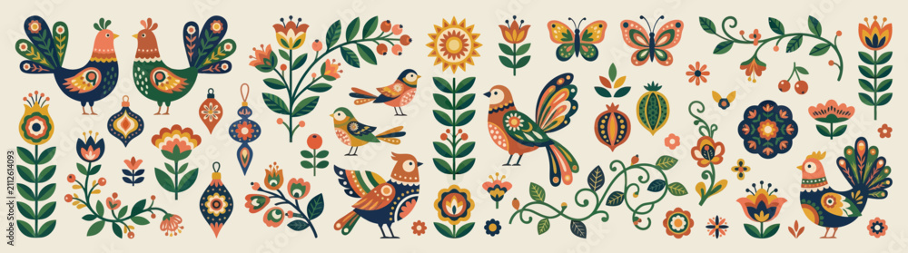 Fototapeta premium Folk Art Birds Flowers Butterflies Roosters Ornaments Seamless Pattern Background