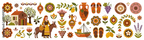 Fotografie Mediterranean village life illustration: woman with donkey, house, boat, amphora, fruits, flowers, and patterns