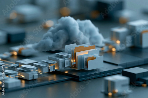 City landscape with buildings and cloud formation in a digital environment