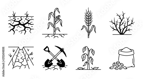 Cuadro en lienzo Drought and Agriculture Icons: Cracked Earth, Crops, Tools, Seed Bag