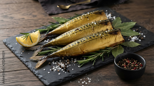 Three whole smoked mackerel fish on a black slate board with rosemary, bay leaves, lemon slices, sea salt, and peppercorns on a wooden table