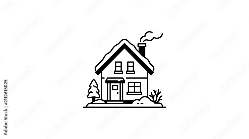 Fototapeta premium Cozy Winter Cabin Icon with Snow and Smoke from Chimney, Simple Line Art