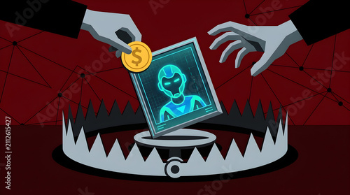 Robot avatar framed in a digital display panel is positioned above a lethal mechanical trap.