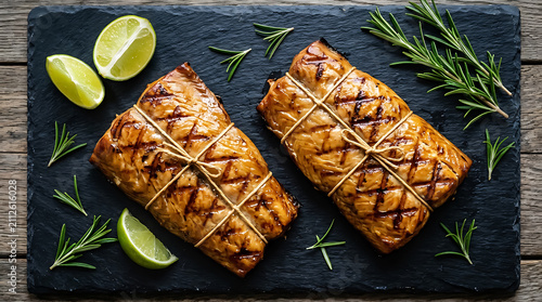 Two grilled fish fillets tied with kitchen twine on a black slate board with fresh lime wedges and rosemary sprigs on a rustic wooden surface
