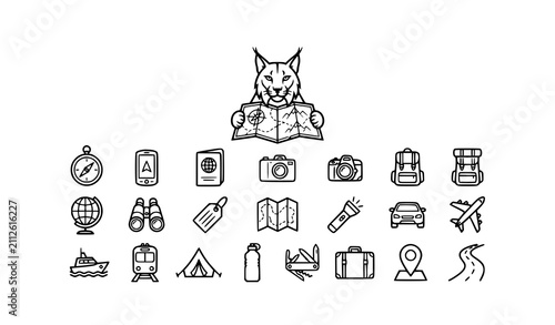 Canvas Print Lynx mascot holding map with vacation adventure and travel navigation vector lin