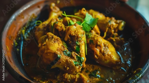 Delicious homemade Indian chicken curry with tender meat, coconut milk, and aromatic spices, served with basmati rice, naan, and cilantro, top view flat lay, food photography