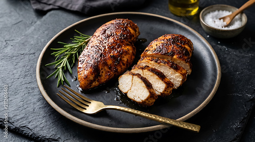 Two seasoned chicken breasts, one whole and one sliced, served on a black plate with a sprig of rosemary and a gold fork on a stone surface