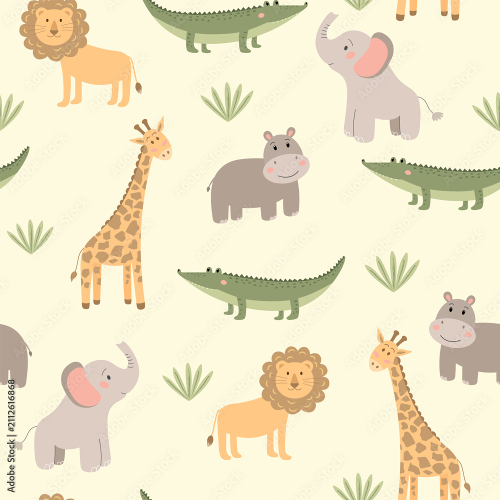 Naklejka premium Seamless pattern with cute African animals. Elephant, lion, giraffe, crocodile and hippopotamus. Vector illustration for clothing, fabric, wrapping paper, wallpaper or textile.