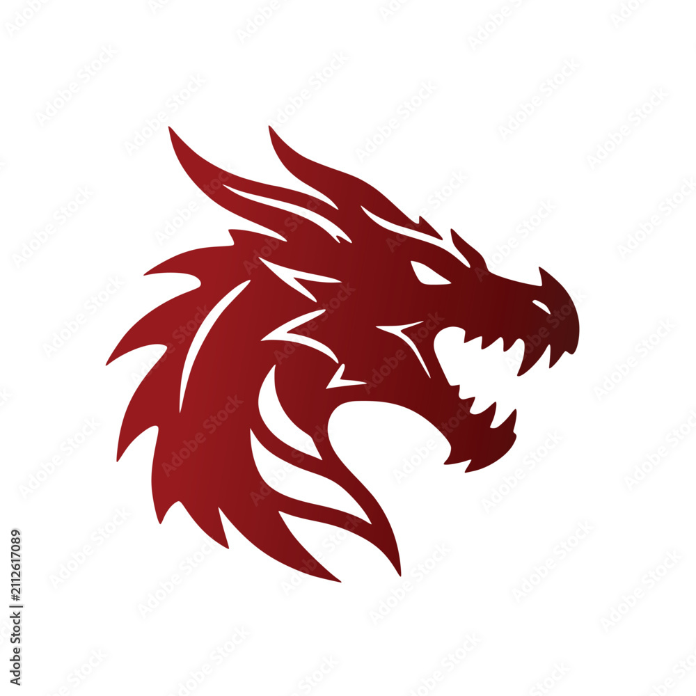 Obraz premium Spooky dark red Halloween silhouette featuring a fierce roaring dragon head monster creature cut out vector graphic design element for autumn holidays
