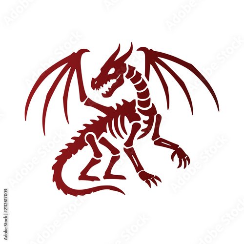 Spooky dark red Halloween silhouette featuring a creepy undead skeleton dragon monster made of bones vector graphic design element for autumn holidays