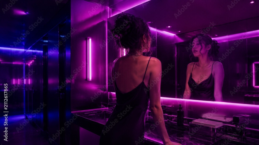 Obraz premium Woman looking at herself in the mirror inside a modern bathroom with vibrant purple neon lighting. Fashionable girl reflecting in a dark restroom interior.