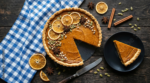 Whole pumpkin pie with a slice cut out, decorated with dried orange slices, pumpkin seeds, and cinnamon sticks on a wooden table