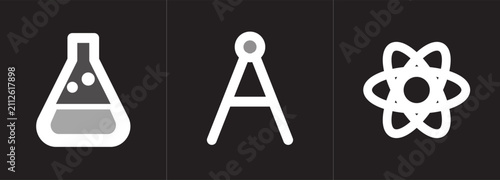 Science Icon Set with Laboratory Flask, Angstrom Symbol, and Atom Structure on Dark Background