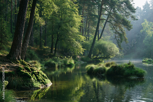 Morning light reflects on calm water surrounded by trees and grass near a river bank in a forest area