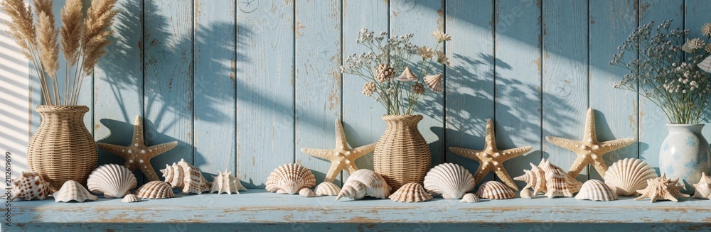 Fototapeta premium Seashells and starfish arranged on distressed blue wood plank background. Decorative natural objects evoke coastal summer seaside vacation vibes. Woven vase holds dry grass.