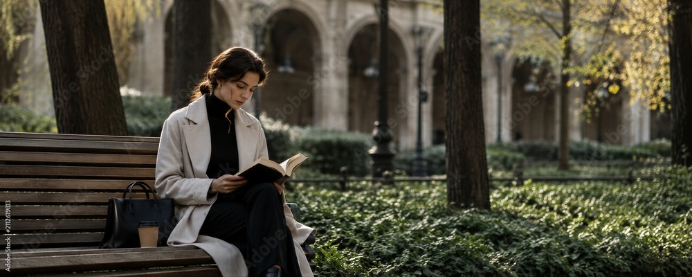 Fototapeta premium Woman reading a book while sitting on a park bench. Leisure time in city garden with elegant autumn coat. Relaxed lifestyle and urban education concept during sunny fall day.