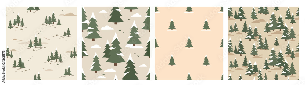 Obraz premium Seamless Winter Forest Patterns with Snow-Covered Pine Trees and Clouds, Nordic Style