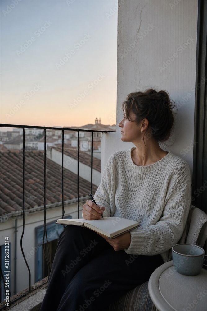 Fototapeta premium Woman sitting on balcony writing in journal at sunset. Inspired lady looking at city view with notebook. Creative writing and reflection, peaceful lifestyle in travel or home setti