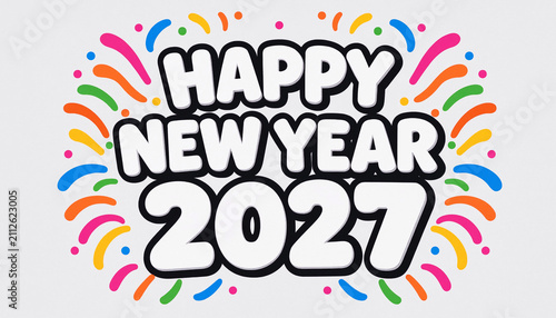 Happy new year 2027 greeting card design with colorful festive confetti and firework elements isolated on white background