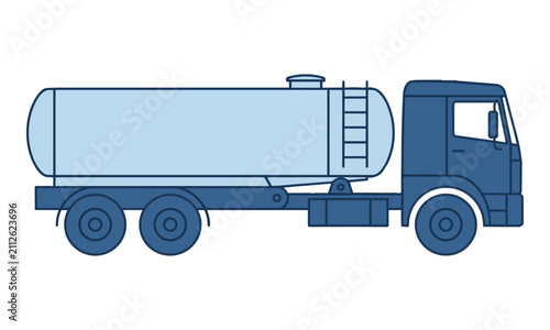 Side profile of a heavy-duty industrial fuel tanker truck in flat design, isolated on white. Industrial logistics concept