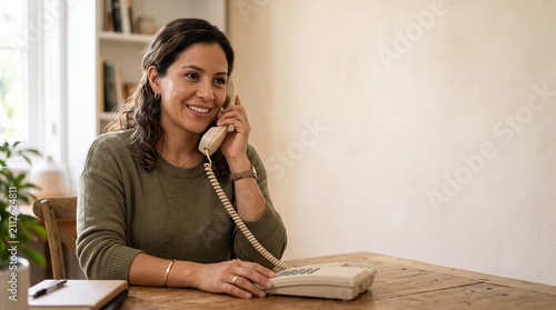 Woman talking on vintage landline phone