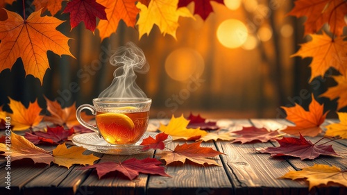 Steaming cup of tea sits on wooden table, framed by colorful autumn maple leaves