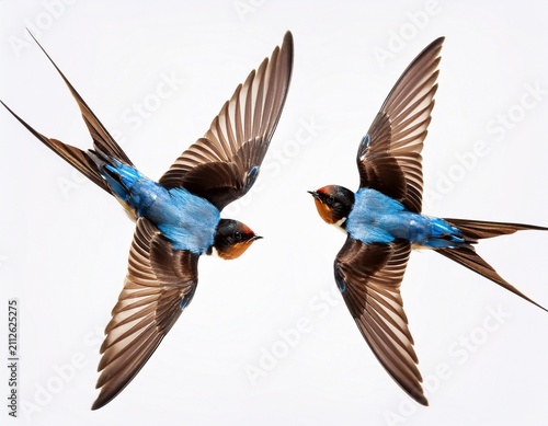two swallows flying in air with brown and blue feathers on white background would not fit the hence focusing isolated on a white background