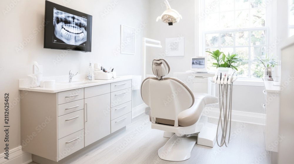 Fototapeta premium High End Dental Examination Room Integrated Cabinetry Digital Contemporary Architectural View, modern medical clinic interior, professional healthcare facility, patient care environment