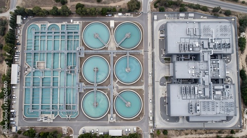 Aerial Photograph of a Large Water Treatment Plant With Circular Clarifier Tanks and Filtration Basins Serving Industrial Cooling Demand Utility Infrastructure Industry