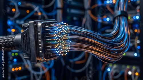 Close Up of Colorful Fiber Optic Cables Glowing With Transmitted Light Bundled in a Data Center Patch Field Illustrating High Speed Connectivity Technology Detail