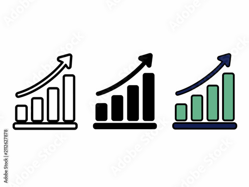 Progress growth icon set: black and white, colorful arrow bar charts