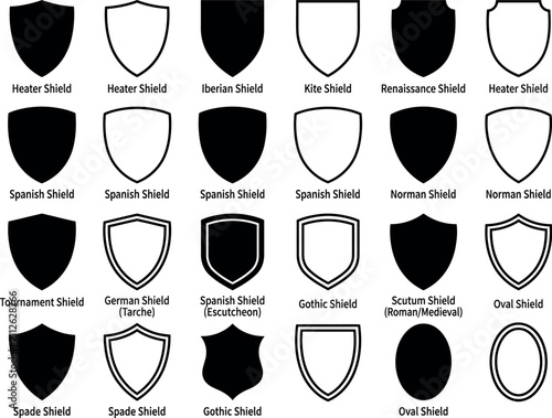Blank medieval heraldic shield vector illustration. Empty coat of arms template for crest design and family emblem creation.