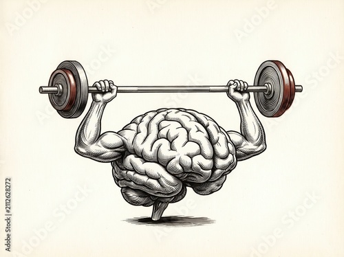 Brain with muscular arms lifting heavy barbell, vintage engraving
