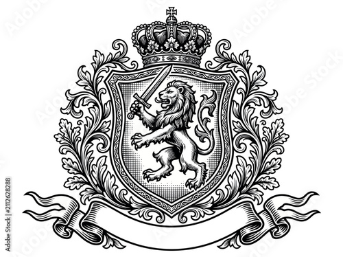 Majestic lion warrior holding sword and shield in battle stance. Fierce regal animal mascot with medieval armor weapons for fantasy branding.