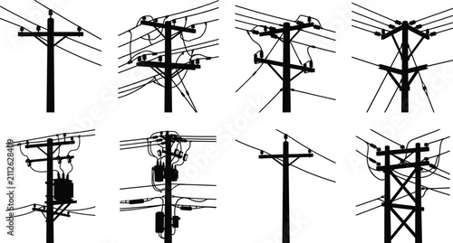 Collection of black silhouette electrical utility poles and power line distribution infrastructure icons
