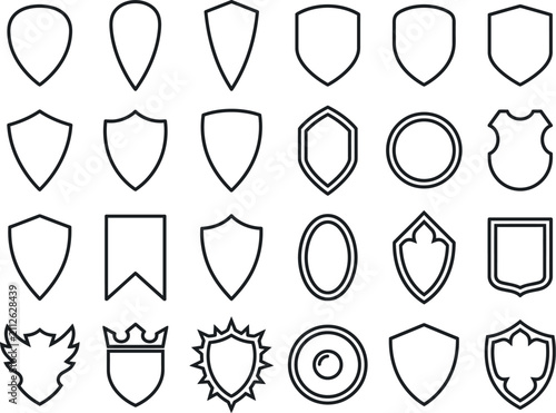Medieval shield outline templates. Set of knight heraldic crests and vintage armor icons.