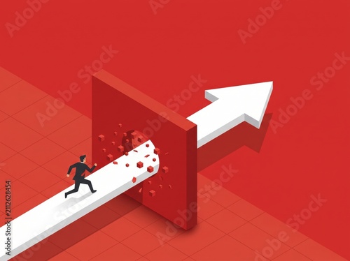 Businessman sprinting through shattered red wall beside white arrow