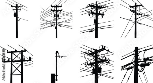 Collection of black silhouette illustrations of electrical utility poles with complex power line networks