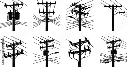 Quadro su tela Collection of black silhouette illustrations of electrical utility poles with po