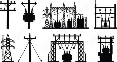 Collection of electric utility infrastructure, power distribution equipment, and transmission station silhouettes for industrial energy design
